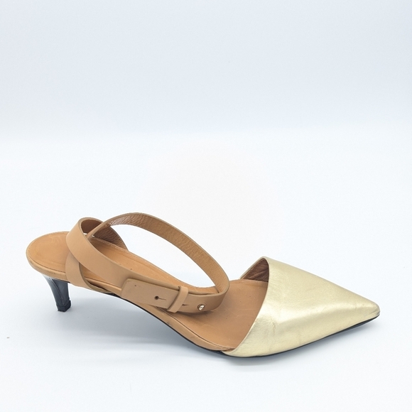 CHLOE See by Chloe Leather Strappy Pointed Toe Gold Kitted Heels - Picture 9 of 10